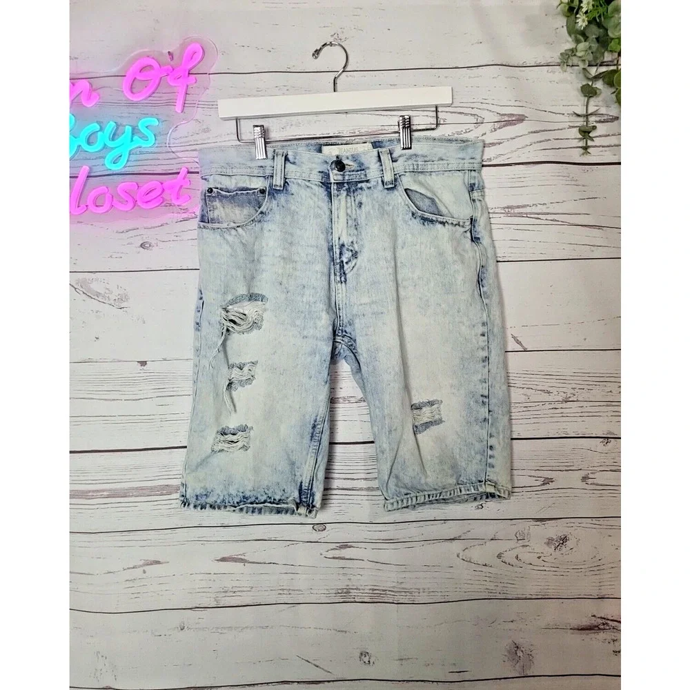 Jeanius Blue Denim Bermuda 100% Cotton Acid Wash Distressed Shorts Men's Size 34